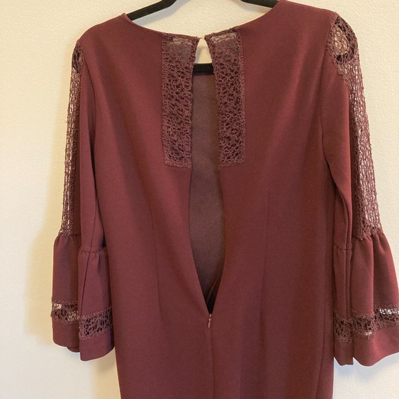 Antonio Melani Shift Dress Burgundy Sz 4 w/Lace Details Bell Sleeves Minimalist - Picture 4 of 13